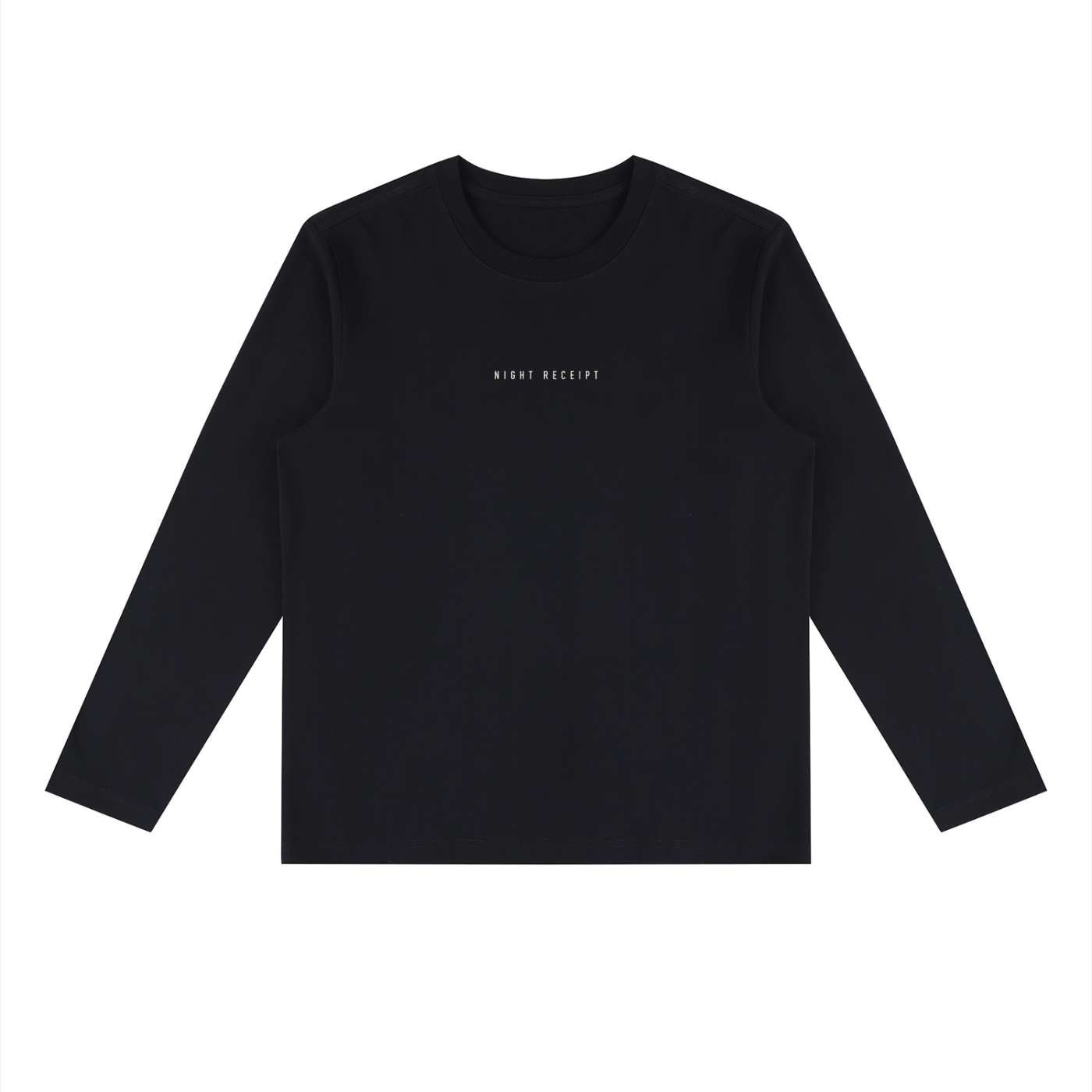 Front of the black heavyweight long sleeve tee with the small centred NIGHT RECEIPT chest wordmark in cream