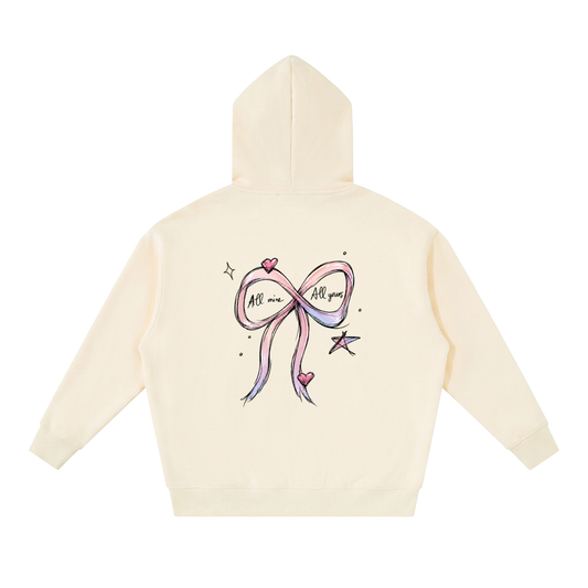 Back of the apricot oversized fleece zip hoodie with a pink and lilac sketched infinity bow reading All mine, All yours