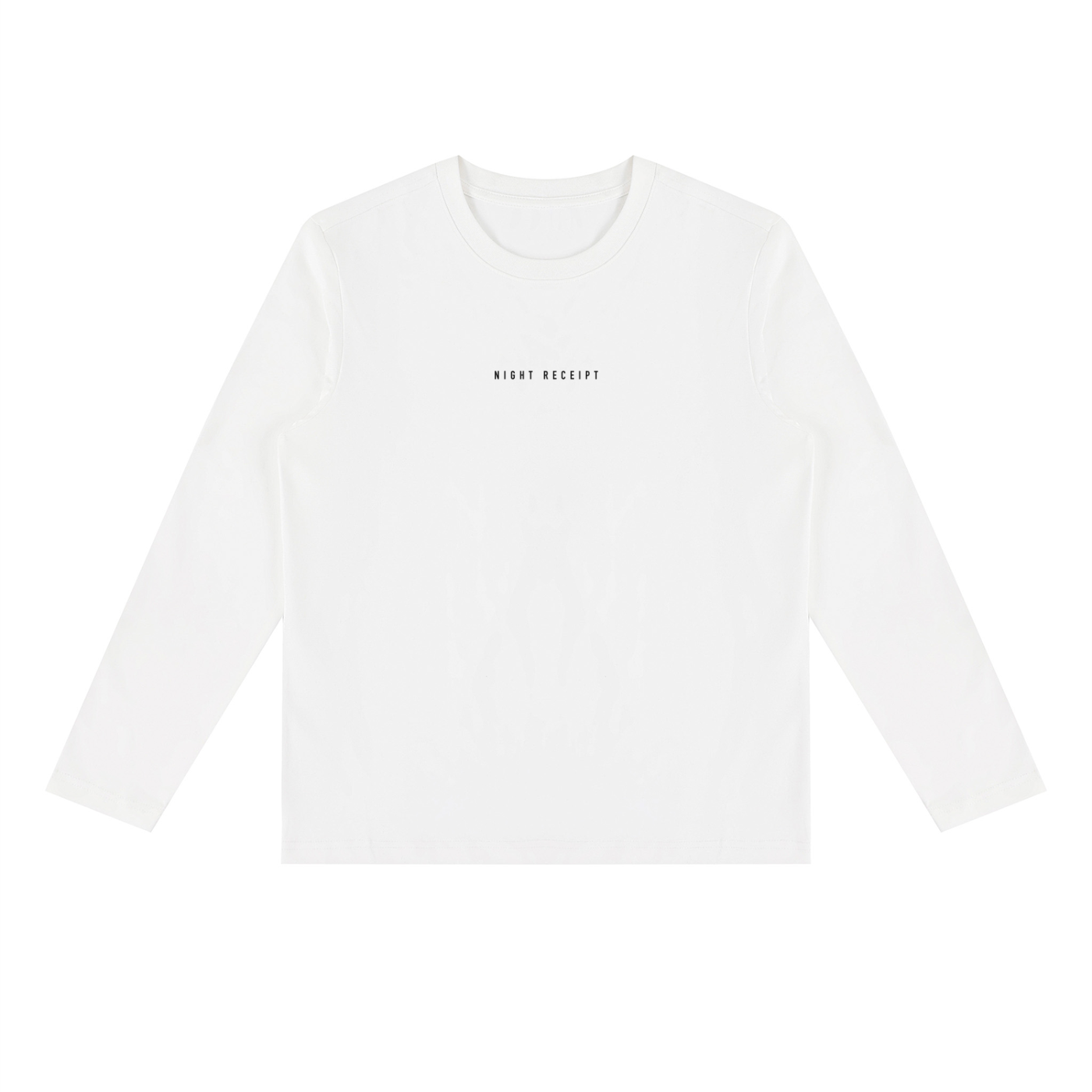 Front of the white heavyweight long sleeve tee with the small centred NIGHT RECEIPT chest wordmark in black