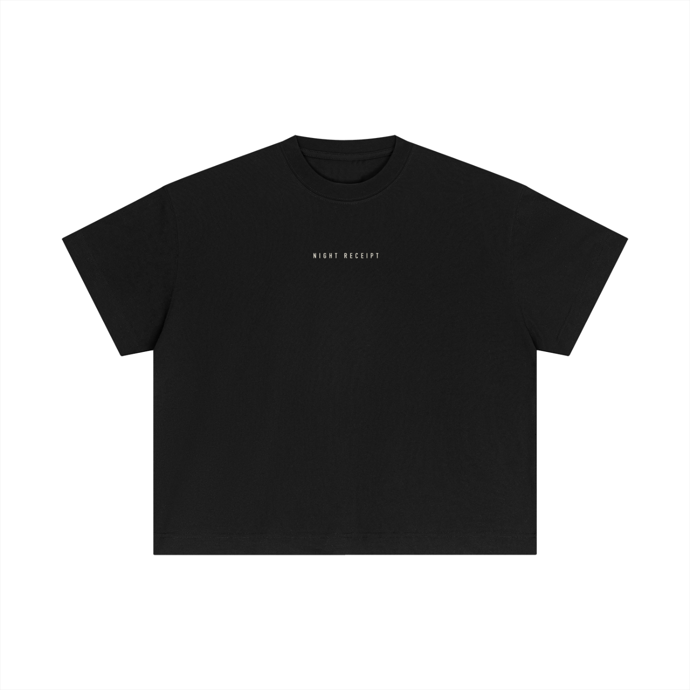 Front of the black Night Receipt boxy cotton tee with the small centred NIGHT RECEIPT chest wordmark