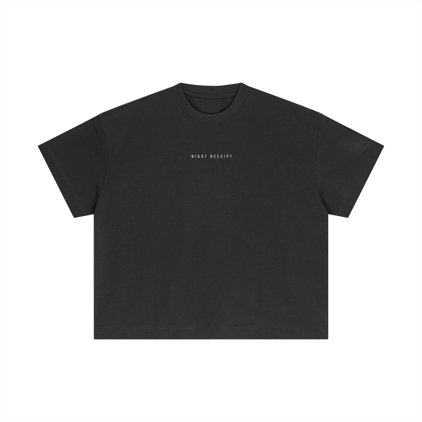 Front of the dark gray Night Receipt boxy cotton tee with the small centred NIGHT RECEIPT chest wordmark