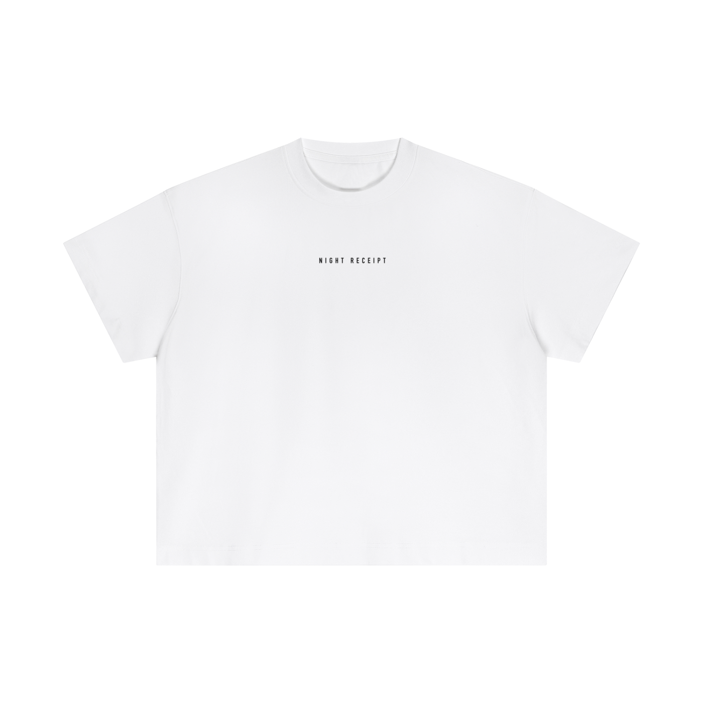 Front of the white Night Receipt boxy cotton tee with the small centred NIGHT RECEIPT chest wordmark