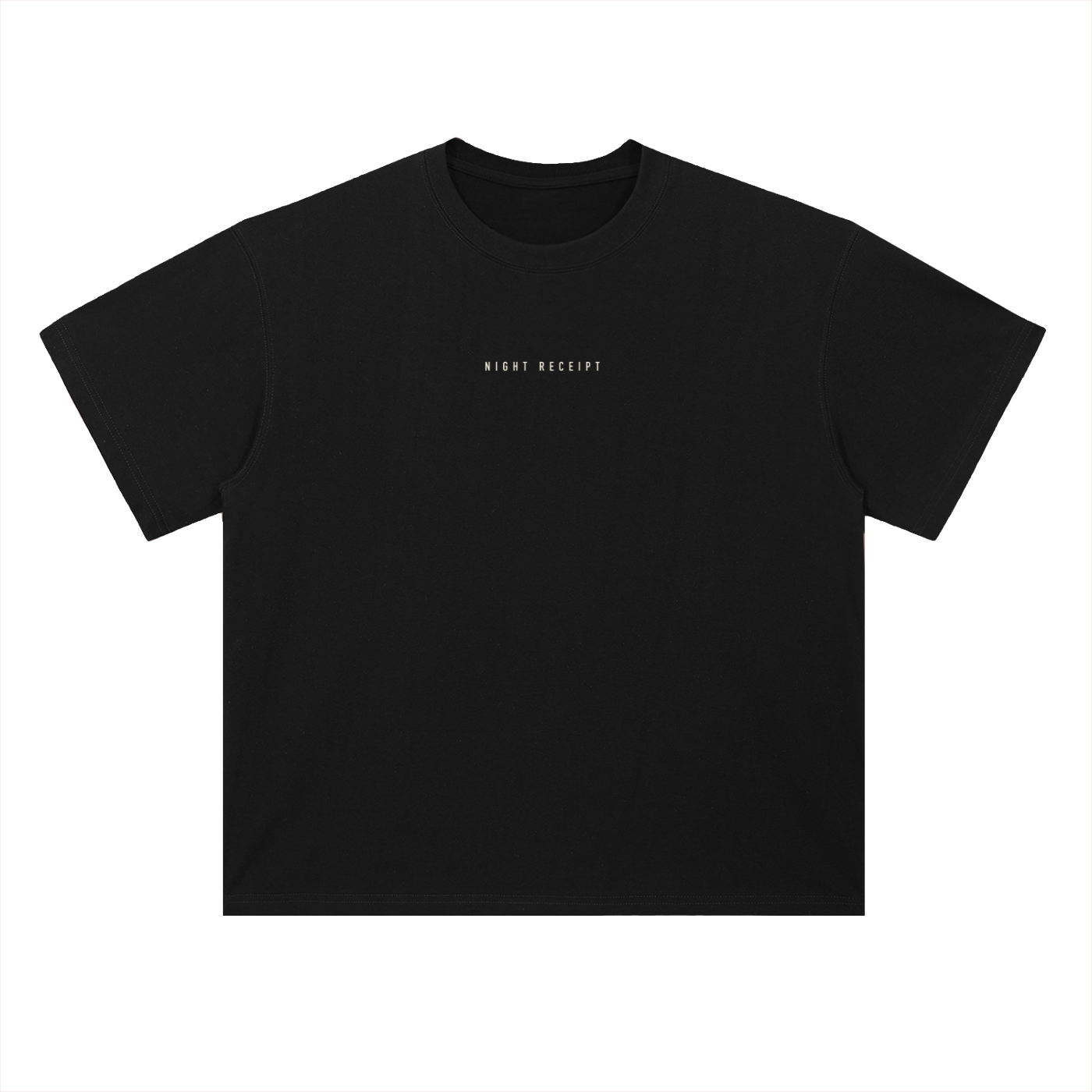 Front of the black heavyweight drop-shoulder tee with the small centred NIGHT RECEIPT chest wordmark in cream